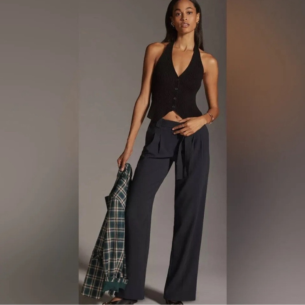 Anthropologie Maeve Navy High Rise Tailored Belted Trousers Career-wear Size 4